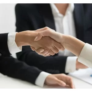 two people shaking hands across a table